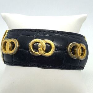 Vintage Black & Gold Tone Snakeskin & Interlocked Ring Design Bracelet